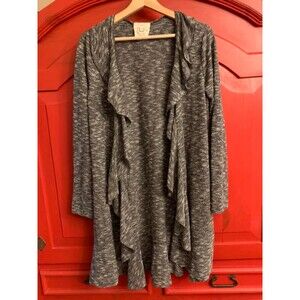 Fantastic Fawn Medium Boutique Cardigan Heather Gray Black Ruffle Trim Light EUC